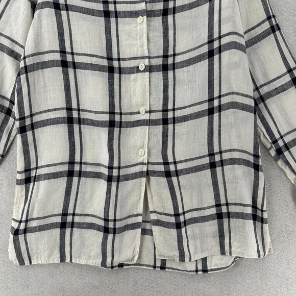 Talbots Collection Blouse Womens 4 Ivory & Black Plaid Button Up 100% Linen Top - Picture 4 of 14